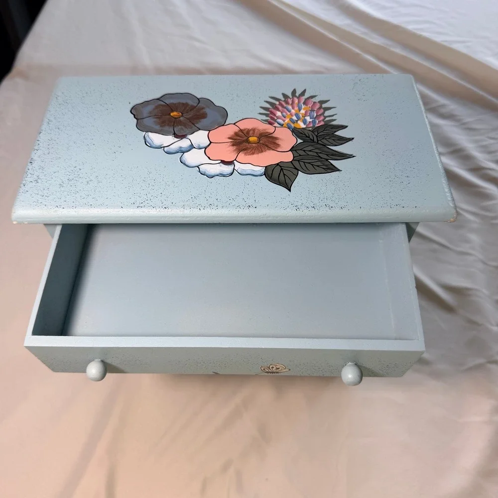 Hand Painted Wooden Jewelry Chest 4 Drawer Floral Garden Picket Fence Blue Box